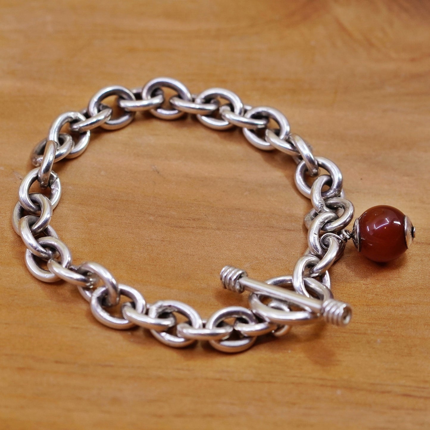 6.75”, Sterling silver handmade bracelet, 925 bold circle chain carnelian charm
