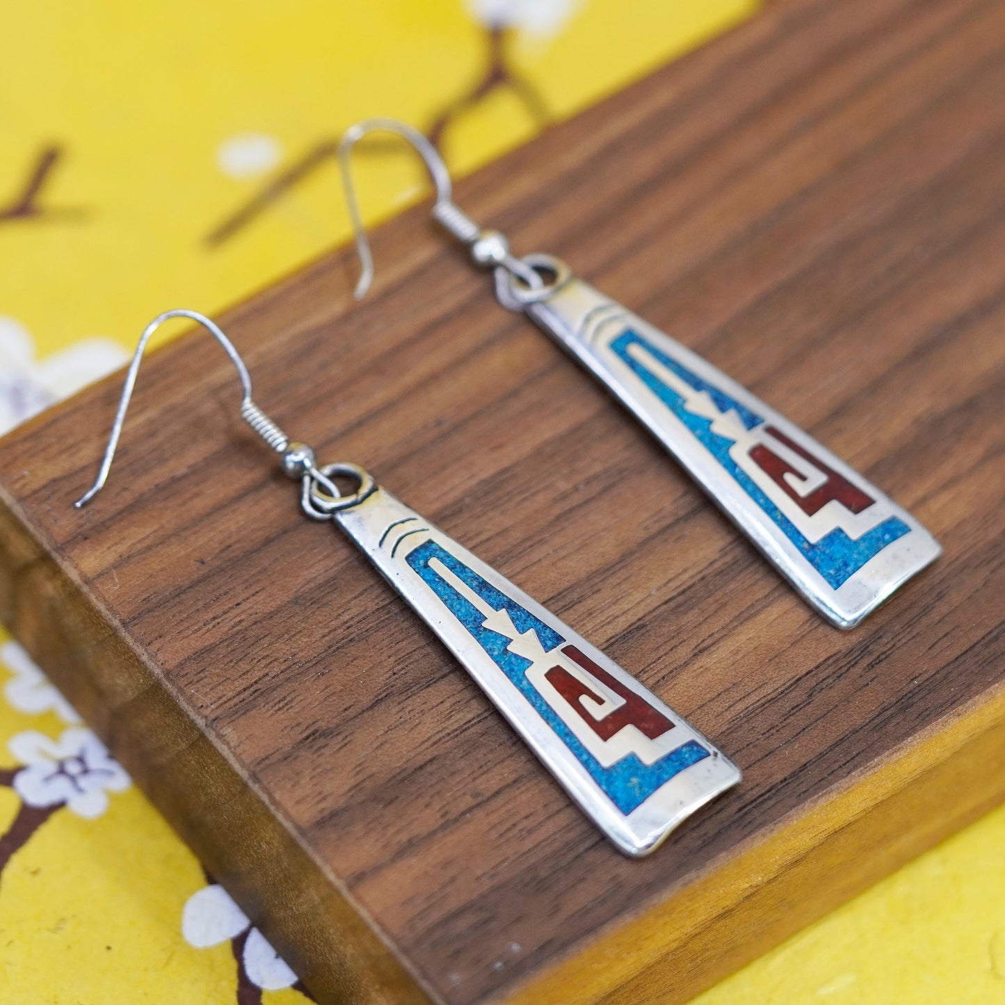 Native American Navajo 925 Sterling silver long earrings turquoise and coral