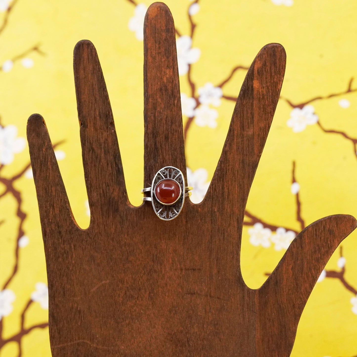 Size adjustable, vintage Sterling silver handmade filigree ring with carnelian