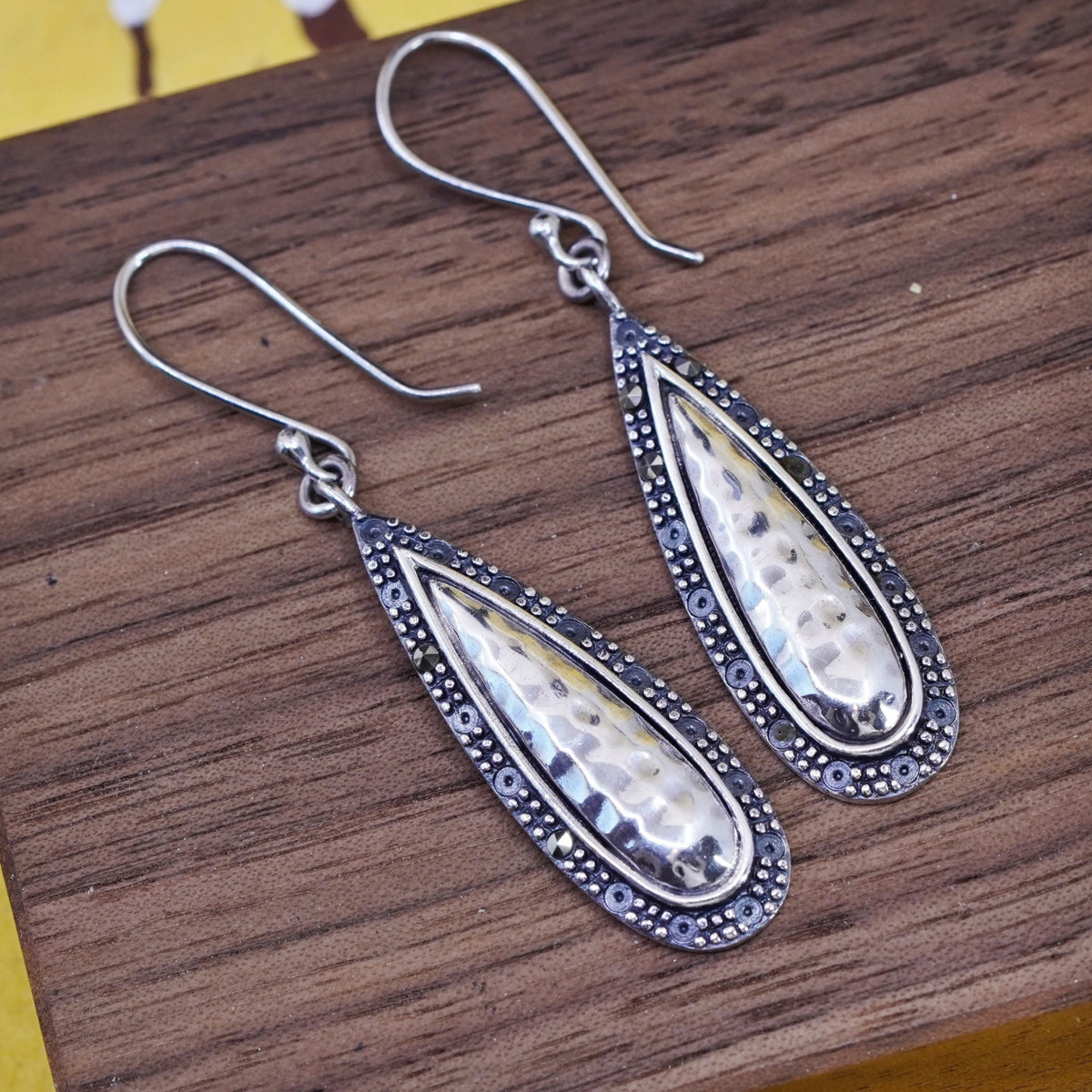 Vintage Sterling silver handmade earrings, hammered 925 teardrops