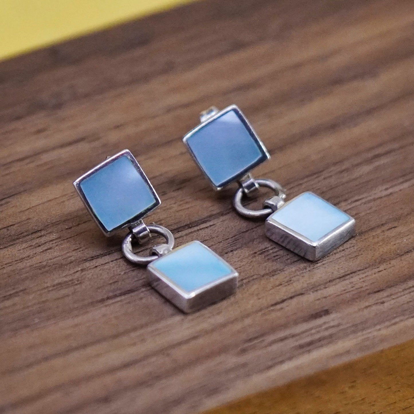 Vintage Sterling silver handmade earrings, 925 square with blue mother of pearl