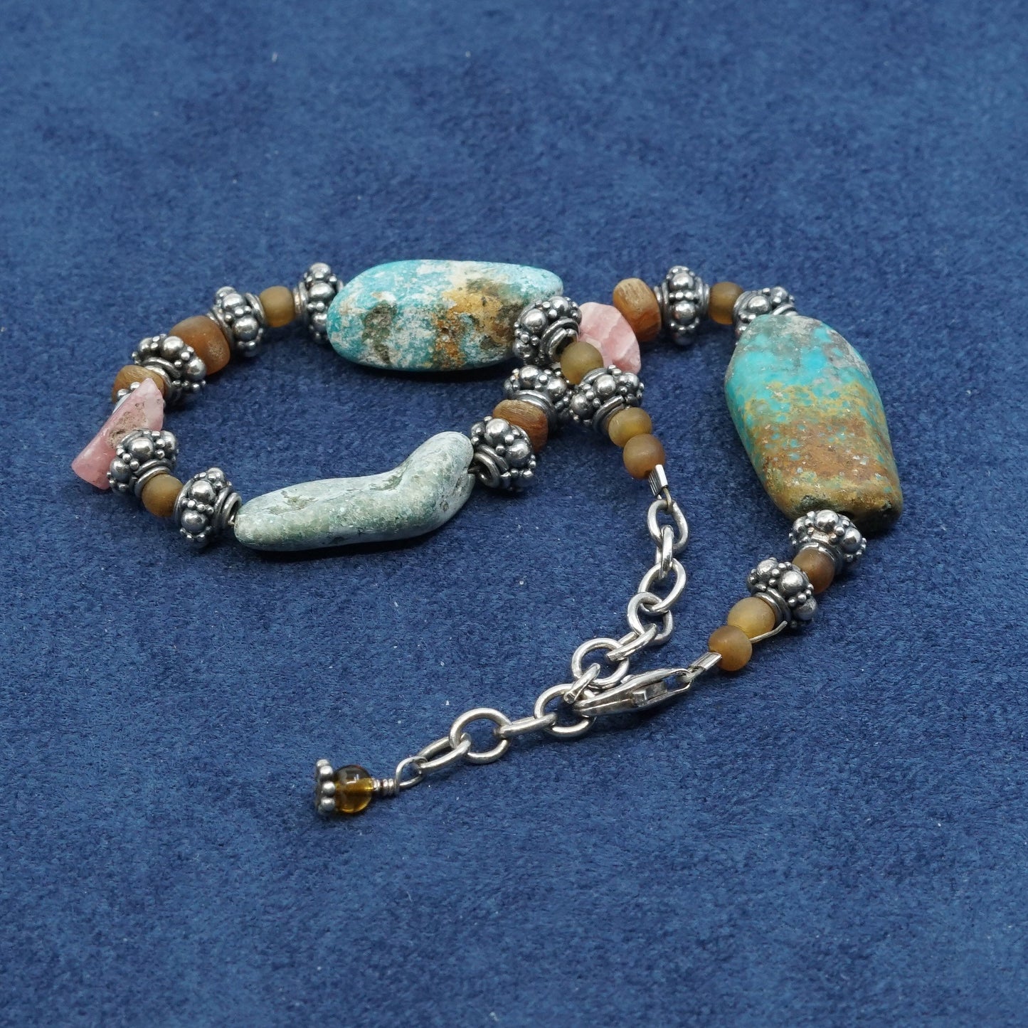 7.5”+1”, vtg sterling silver handmade bracelet, 925 w/ turquoise N coral beads