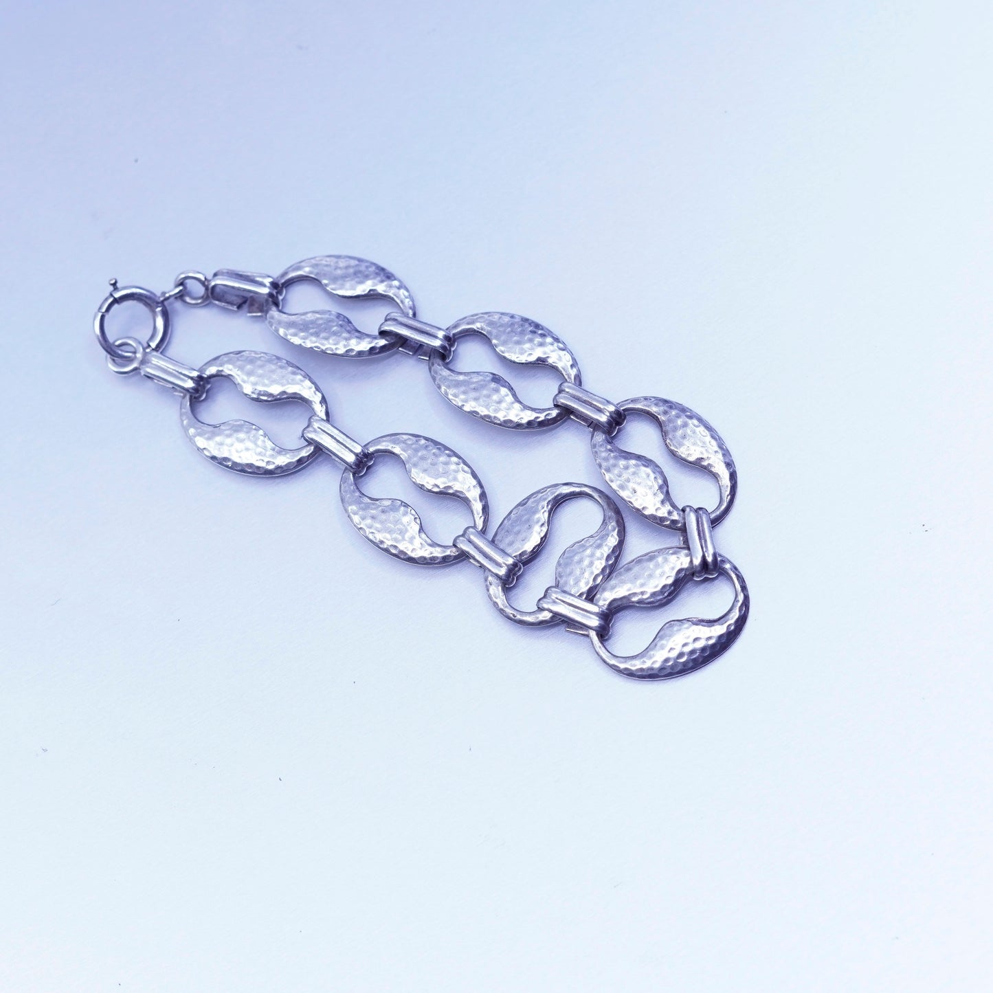 7”, vintage Sterling 925 silver handmade bracelet, hammered peanut link chain