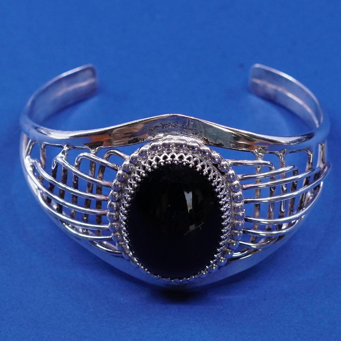 7.75", vtg sterling silver handmade bracelet, 925 filigree w/ obsidian