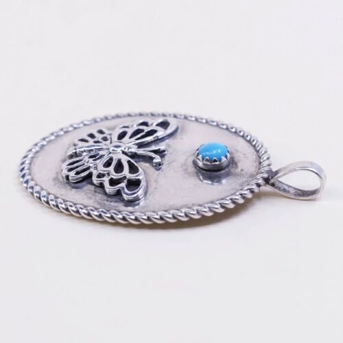 Navajo sterling silver pendant Native American 925 Oval W/ butterfly N turquoise