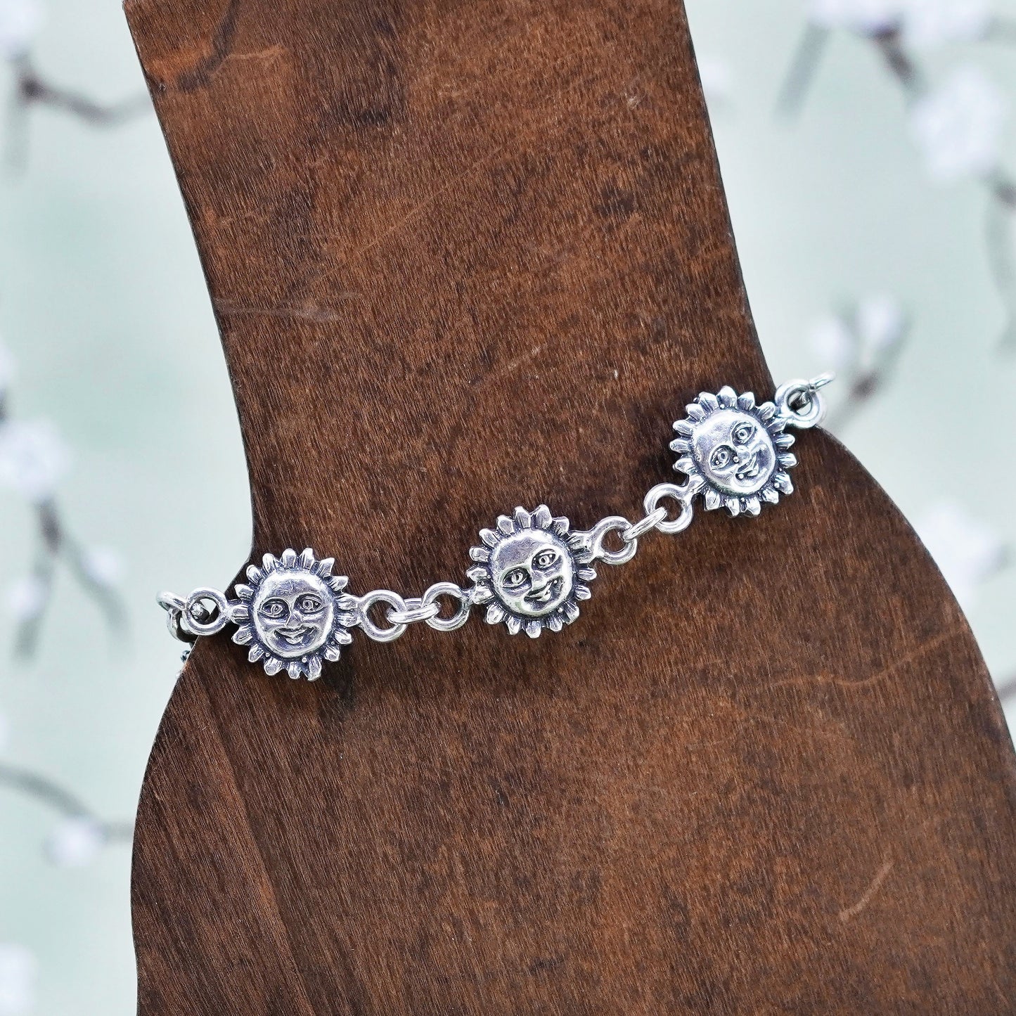 6.75”, vintage Sterling Silver Handmade Bracelet, 925 sunflower face chain