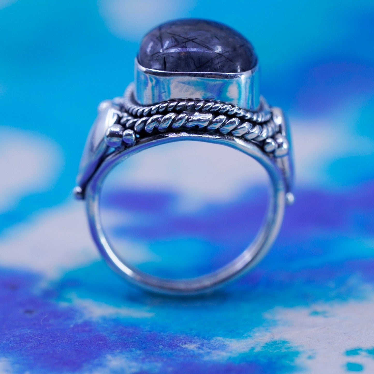 Size 6, Vintage Sterling 925 silver ring with Tourmalinated Quartz and beads