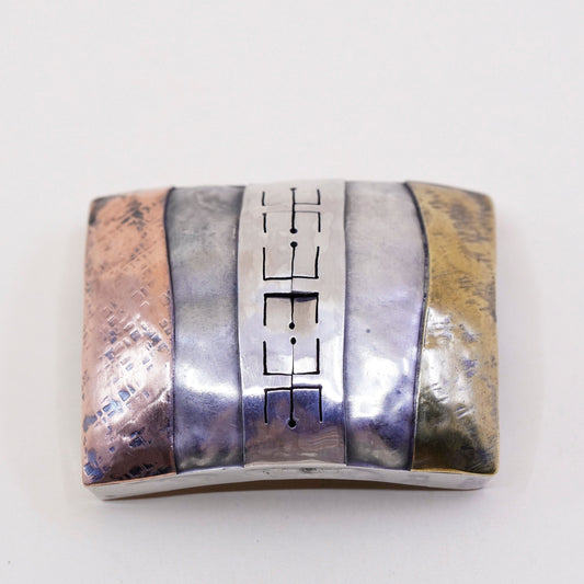 Vintage NKA triple tone Sterling silver handmade brooch, huge 925 pillow pin