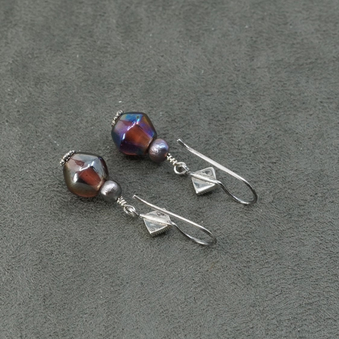 Sterling silver hoop handmade earrings, 925 red glass beads, Stamped 925