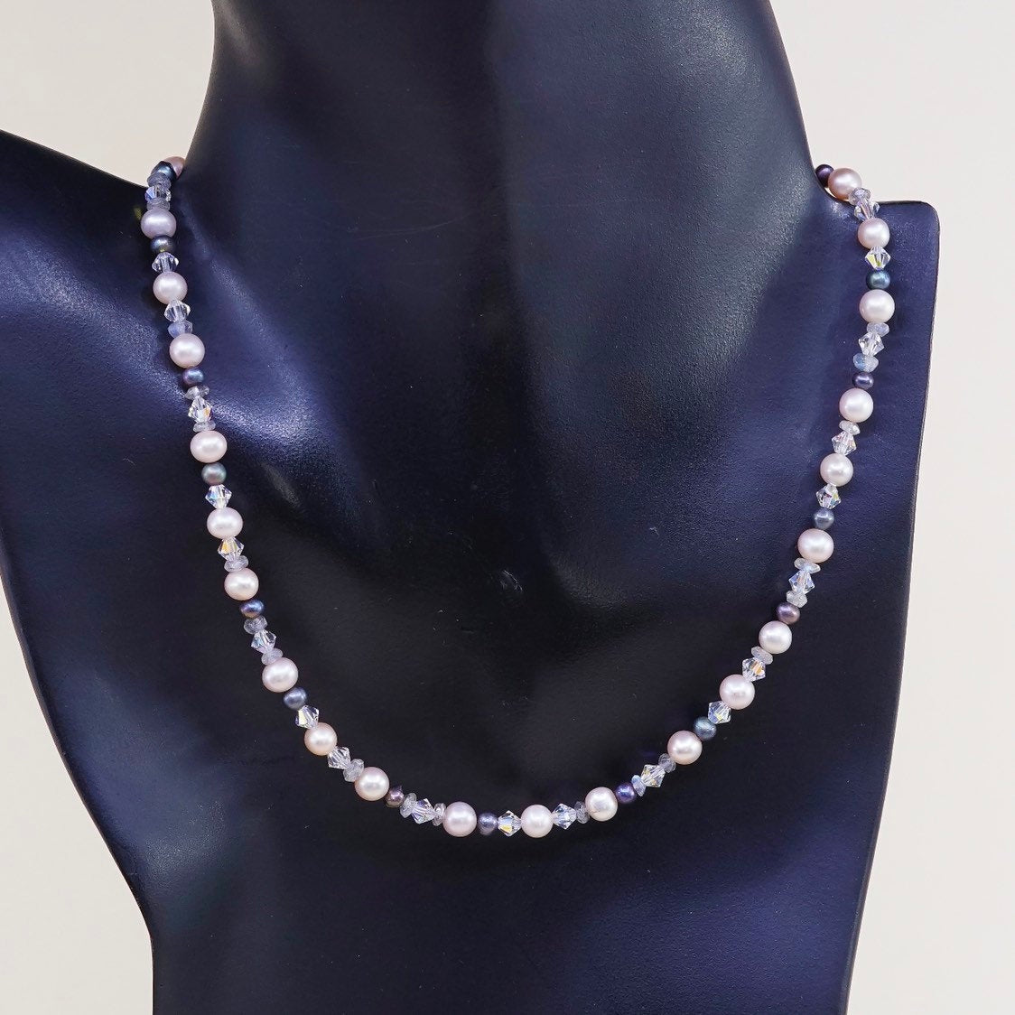 16", handmade sterling 925 silver toggle w/ genuine pearl n crystal necklace