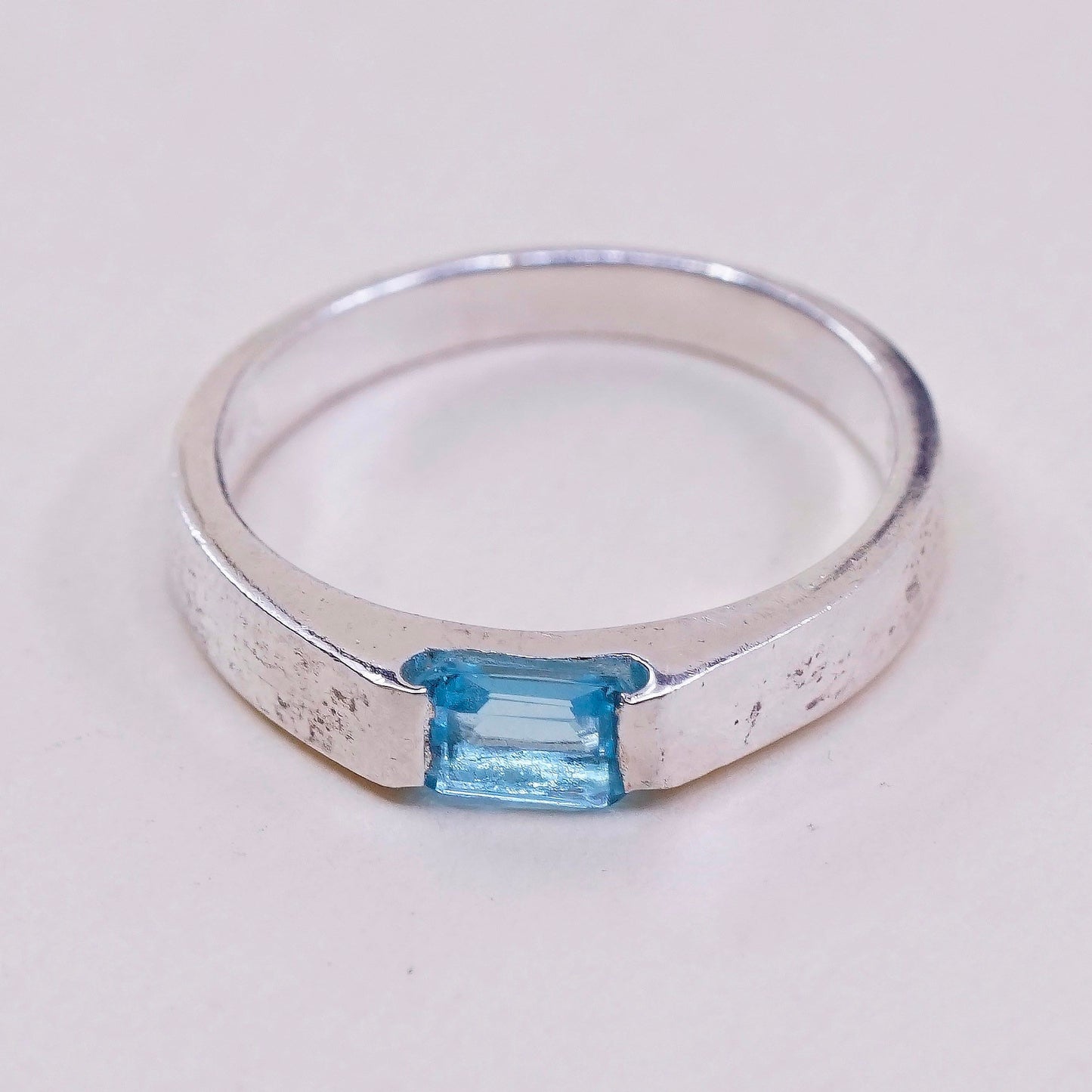 sz 7.25, vtg Sterling silver statement ring, 925 stackable band w/ blue topaz