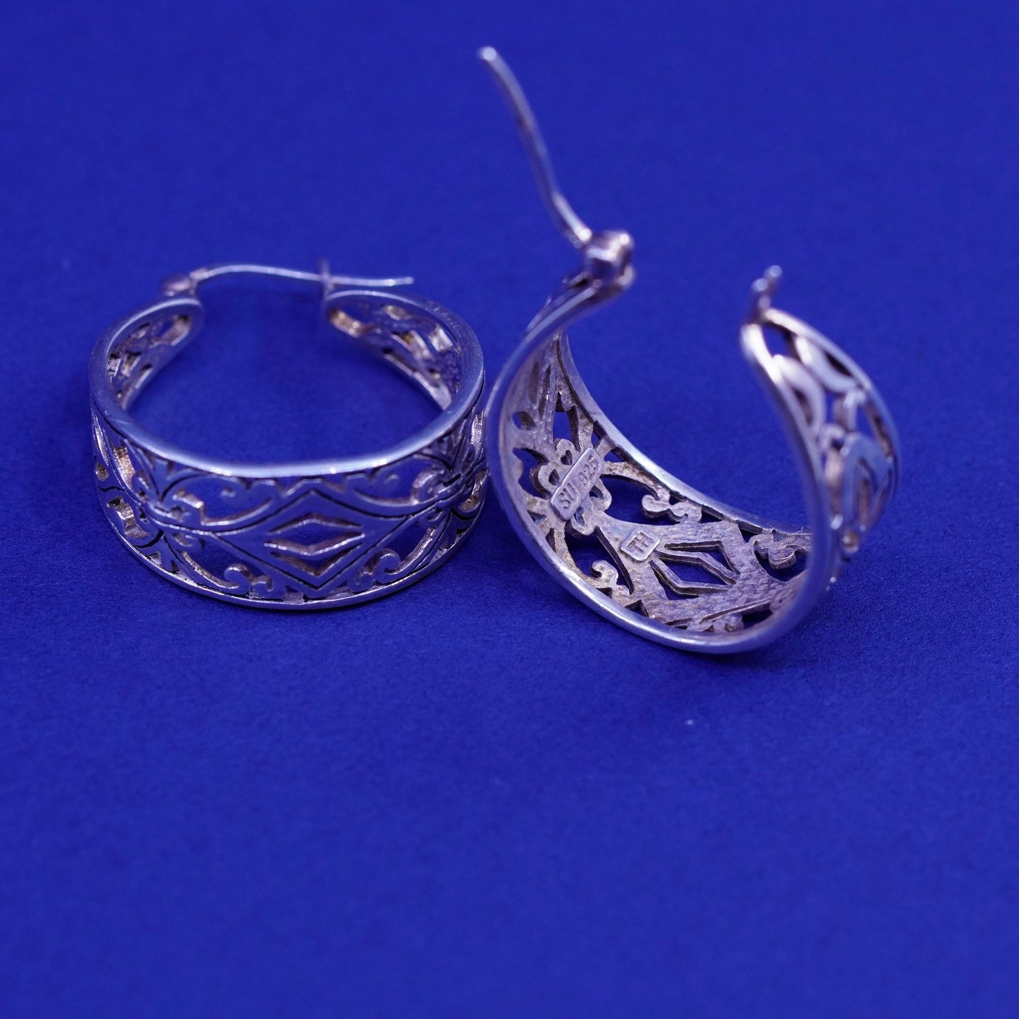 1”, Vintage Sterling silver handmade earrings, 925 filigree floral hoops Huggie