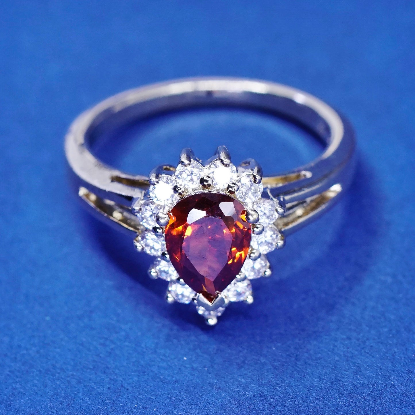 Size 7, vtg vermeil gold over sterling 925 silver ring w/ teardrop ruby N Cz