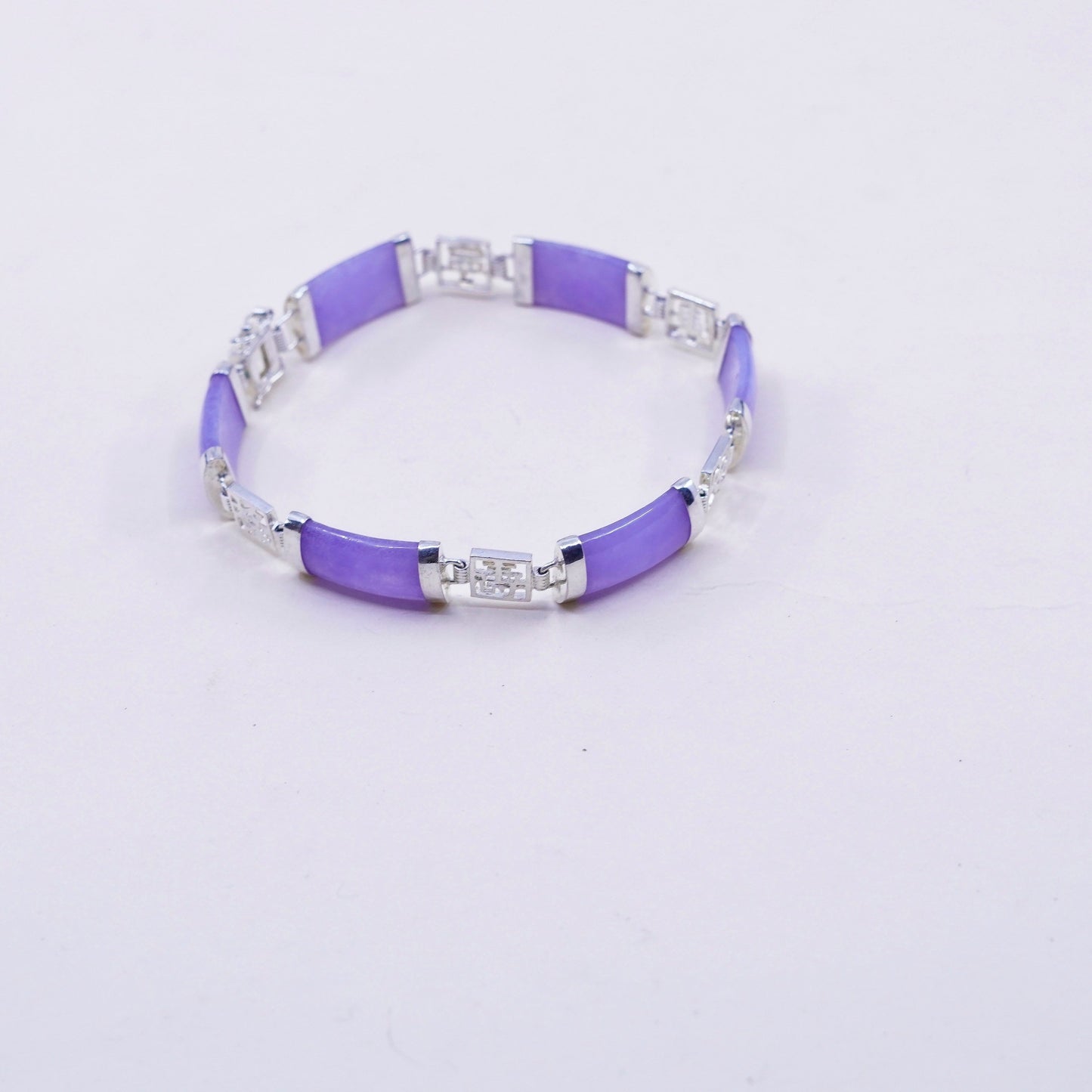 7.25”, vtg sterling 925 silver handmade bracelet purple jade Chinese characters