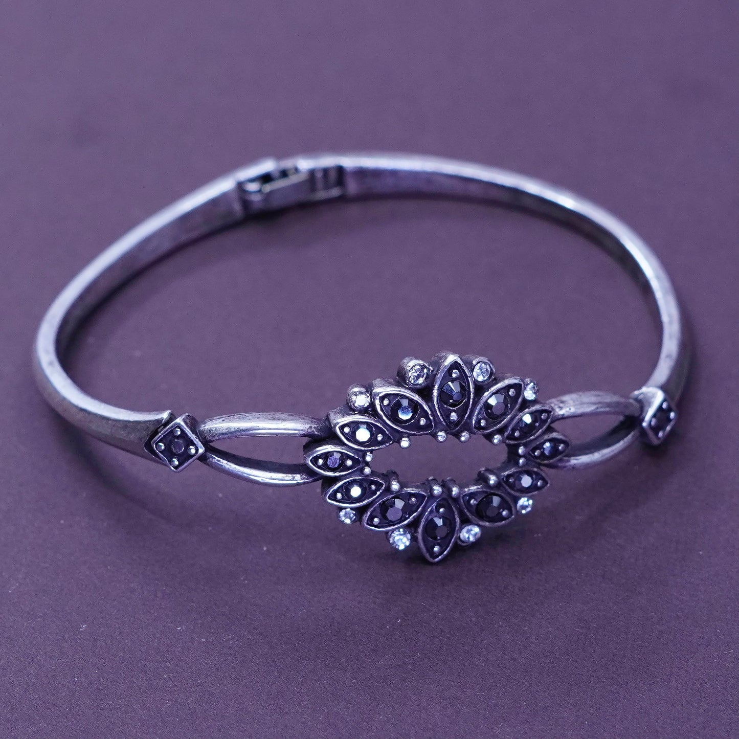 6.75”, sterling silver bracelet, 925 bangle w/ flower latch and Marcasite