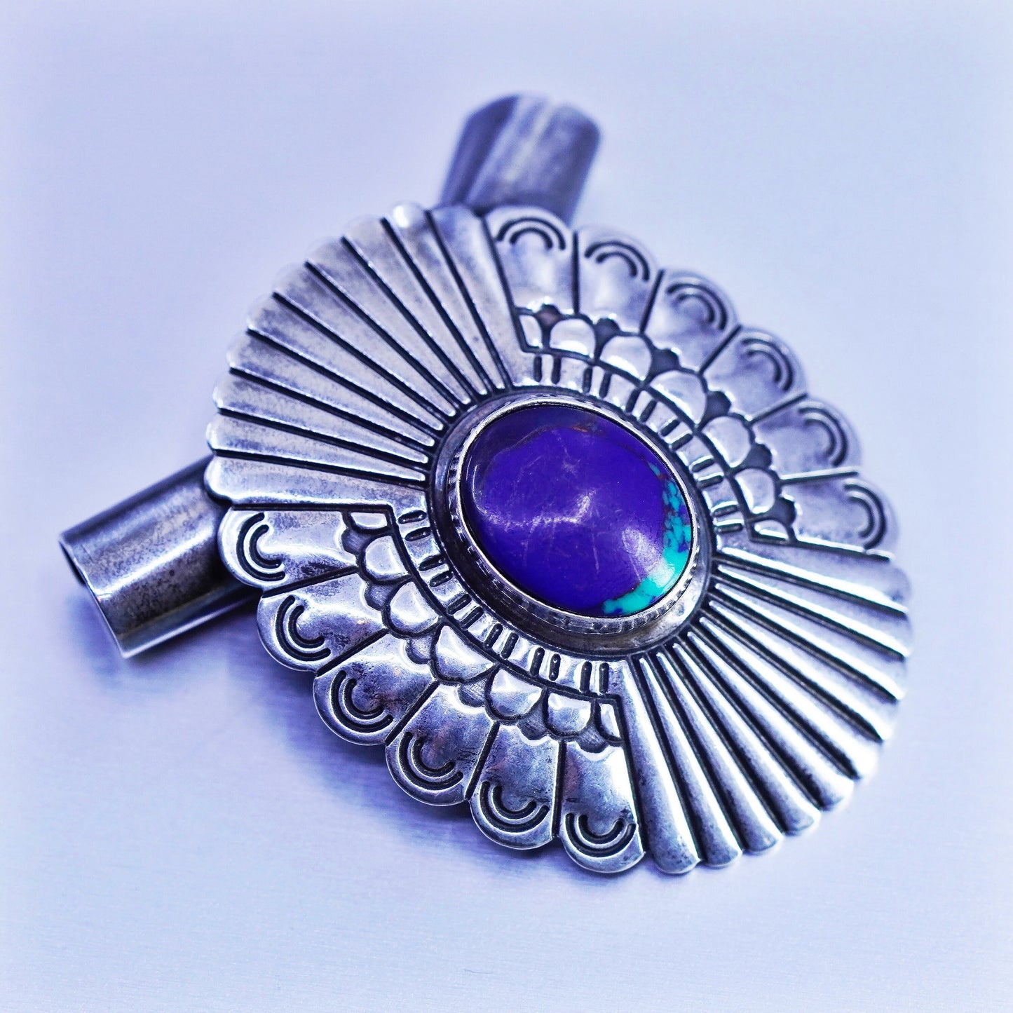 antique Native American sterling 925 silver handmade oval pendant with azurite