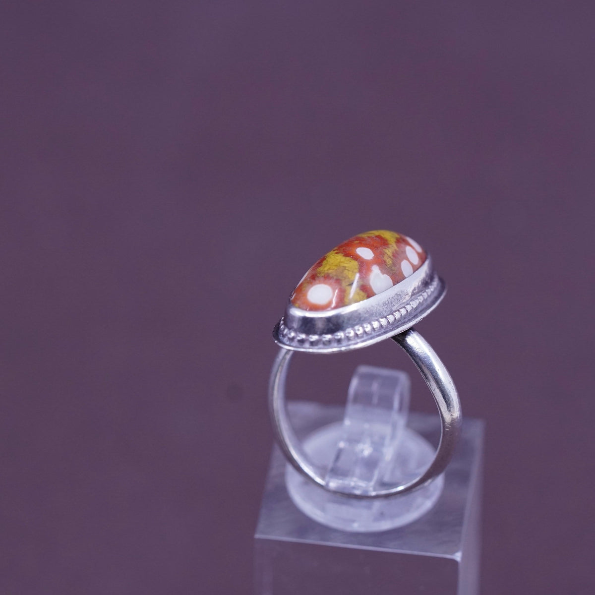 Size 6.5, vintage Sterling 925 silver handmade ring w/ Dalmatian jasper