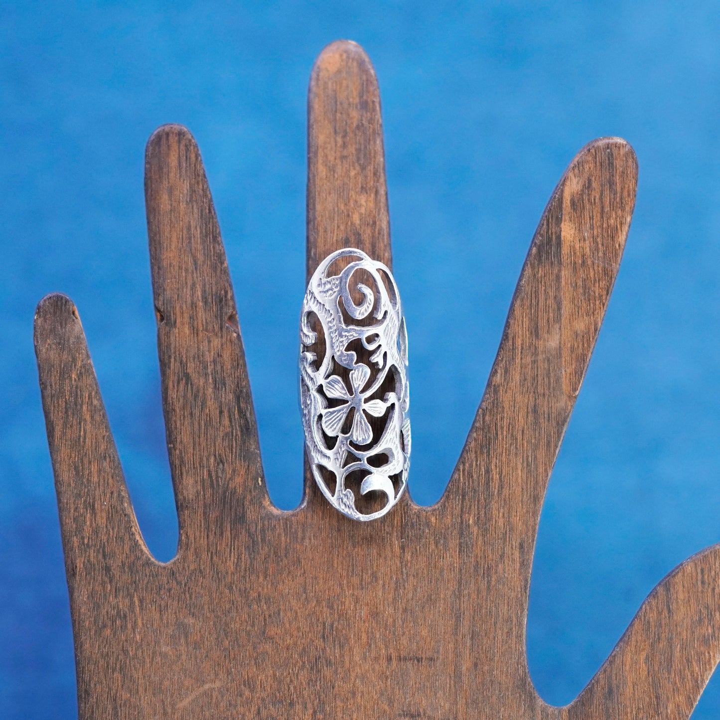 Size 5.25, vintage Sterling 925 silver handmade ring filigree flower ring