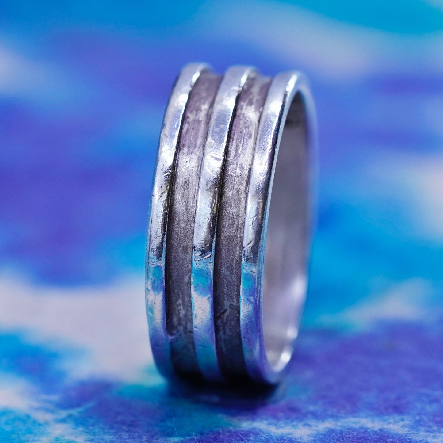 Size 7, vintage Sterling silver handmade ribbed ring, 925 statement band