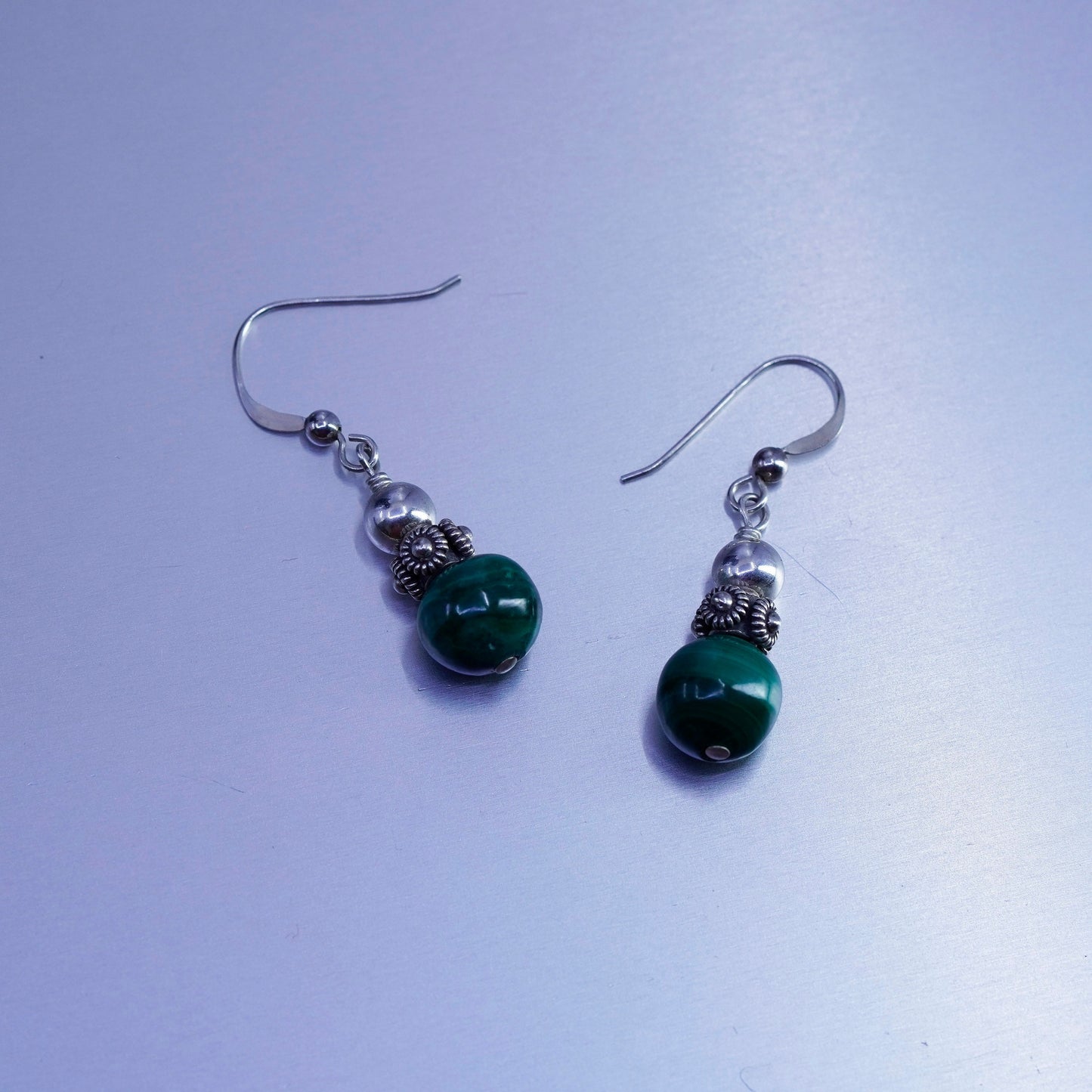 Vintage Sterling 925 silver handmade earrings with malachite beads and flowers