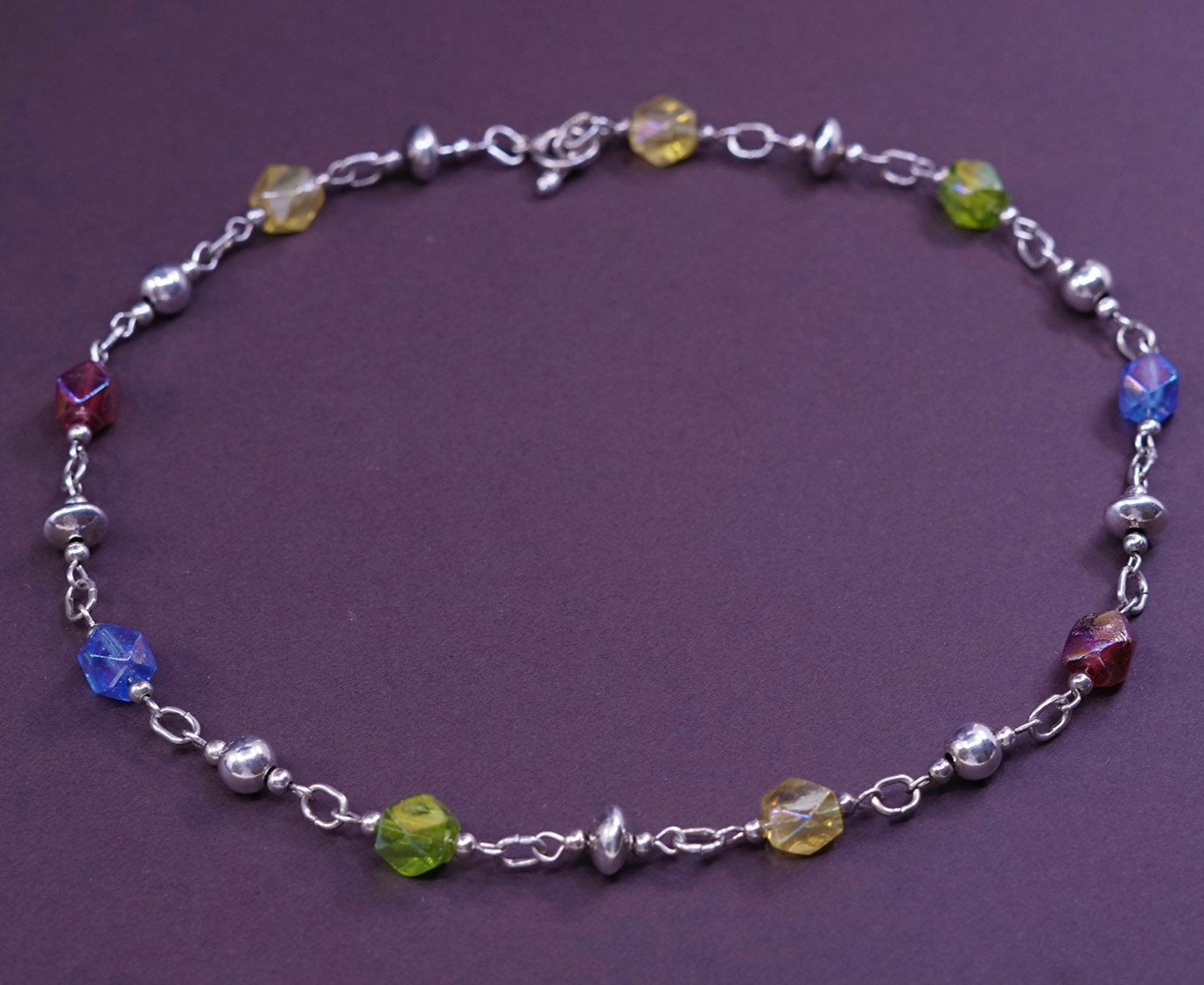 16", Sterling silver necklace 925 circle chain w/ crystal beads Toggle Closure