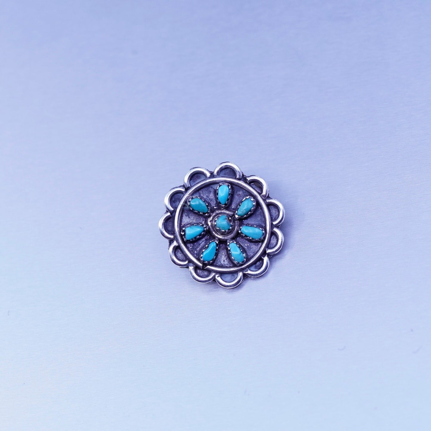 Native American Zuni Sterling 925 silver earrings, flower clip on turquoise