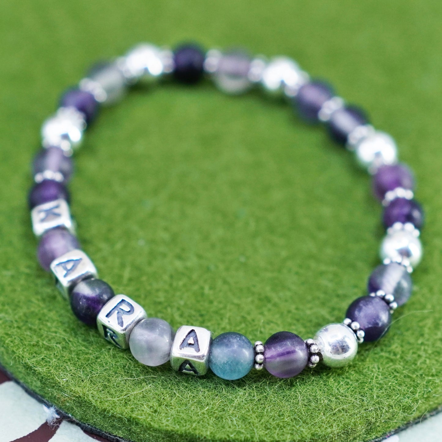 6.5”, handmade Bracelet amethyst beads and 925 sterling silver cube “Kara”
