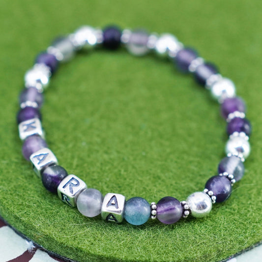 6.5”, handmade Bracelet amethyst beads and 925 sterling silver cube “Kara”