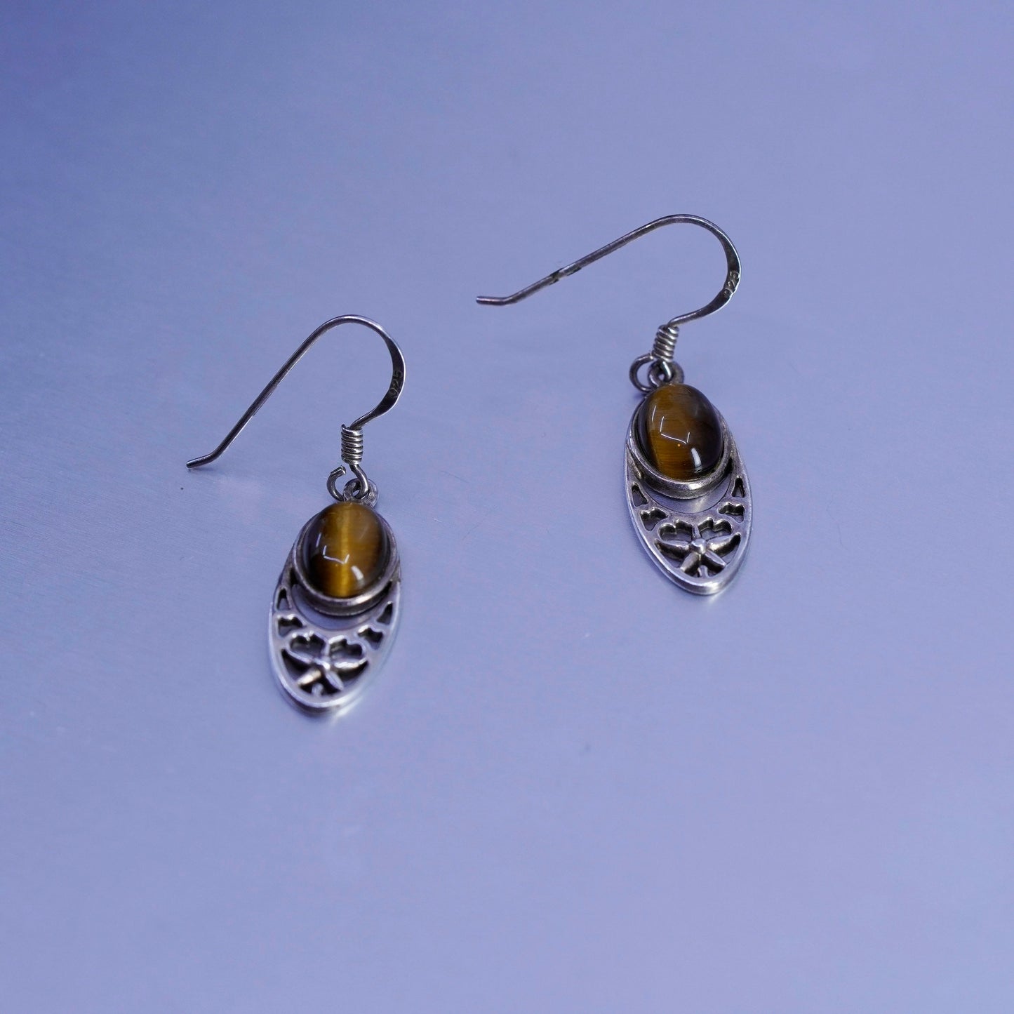 Vintage Sterling 925 silver handmade filigree earrings with golden tiger eye