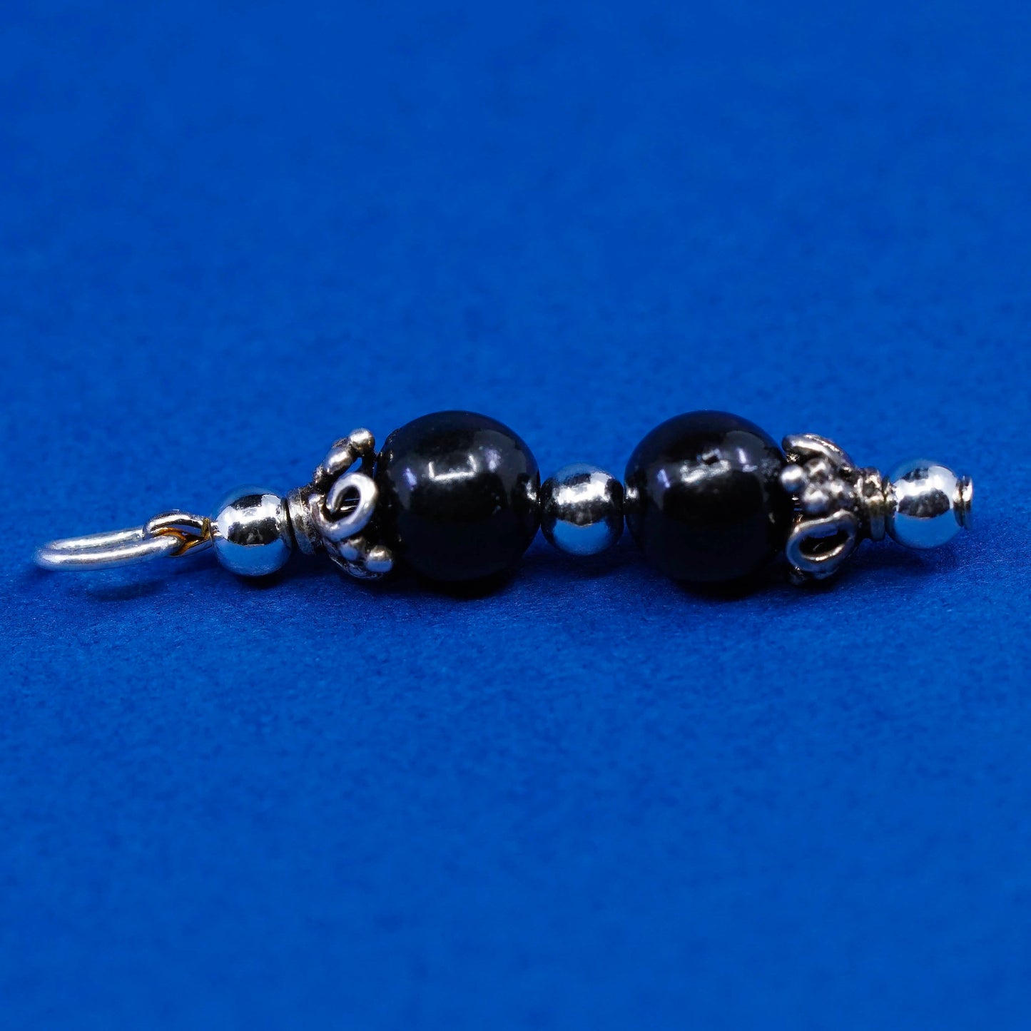Vintage sterling silver handmade pendant, obsidian bead charm