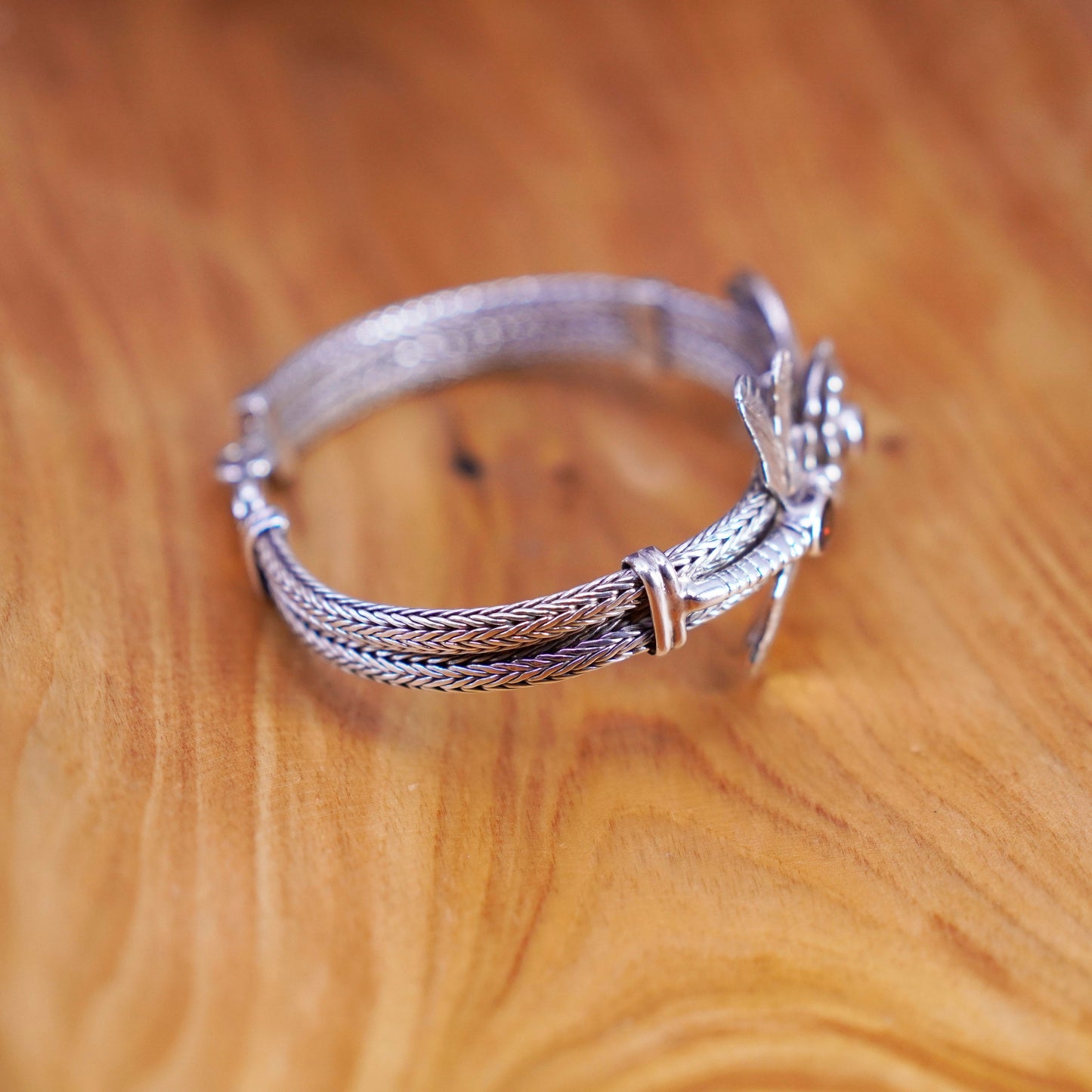 7.75”, Sterling 925 silver double strands wheat chain bracelet dragonfly flower