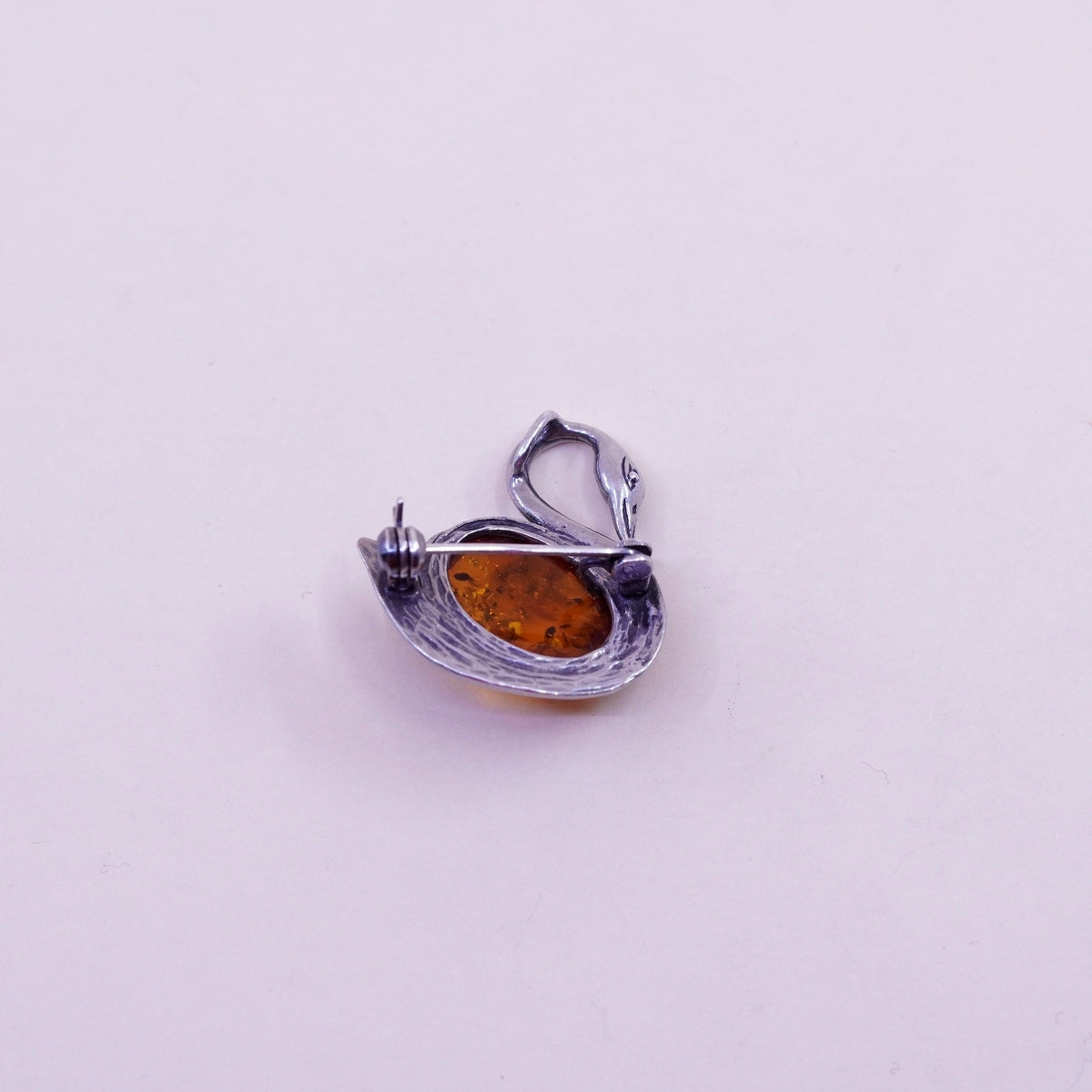 Vintage sterling silver handmade brooch, 925 swan bird amber pin pendant