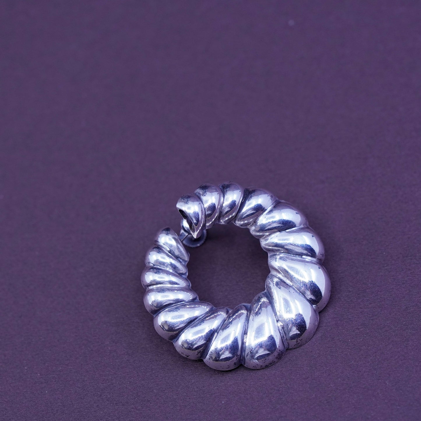 Vintage Sterling silver handmade screw back earrings, twisted 925 ribbed circle
