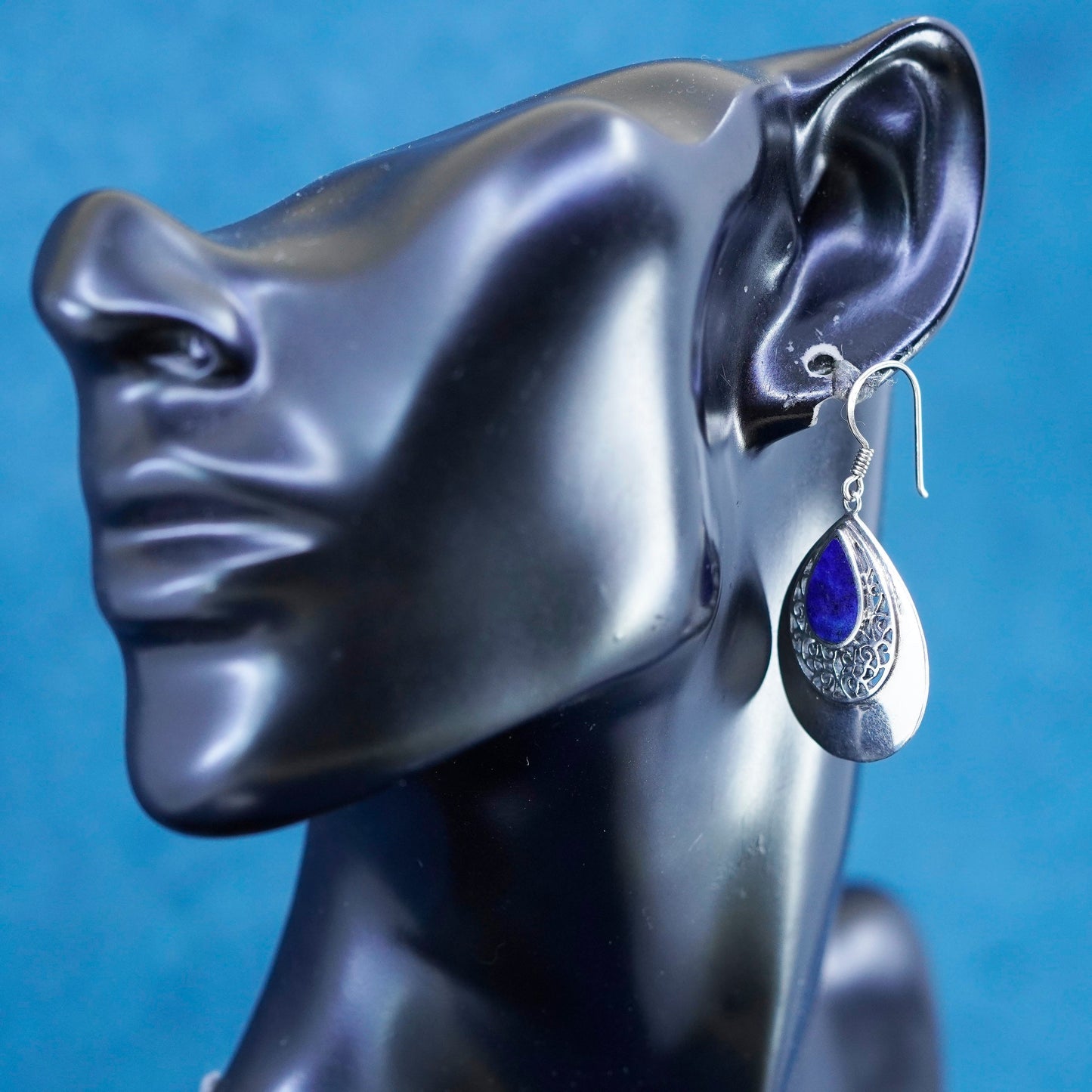 Boma Sterling 925 silver handmade teardrop filigree earrings with lapis lazuli