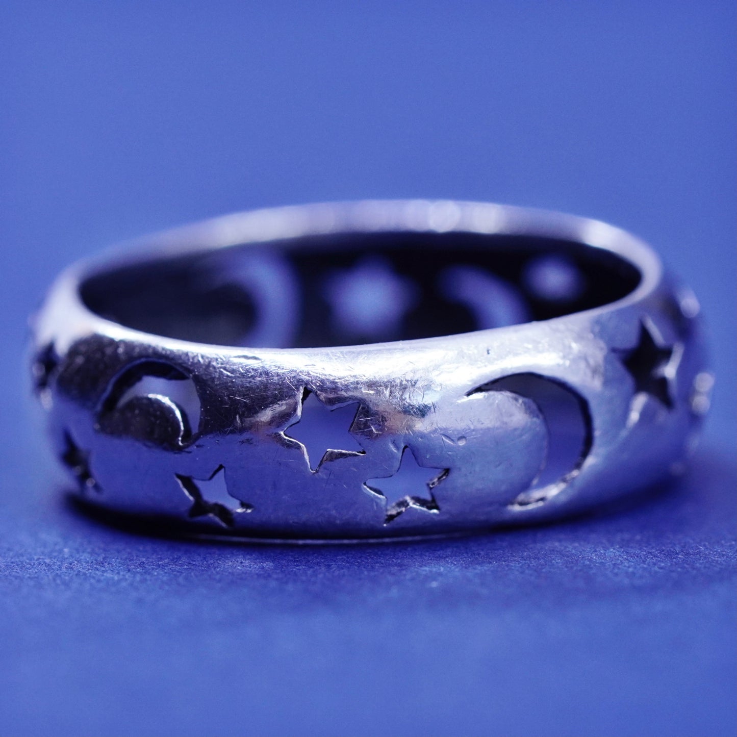 Size 8.25, vintage Sterling silver handmade ring, 925 moon star band