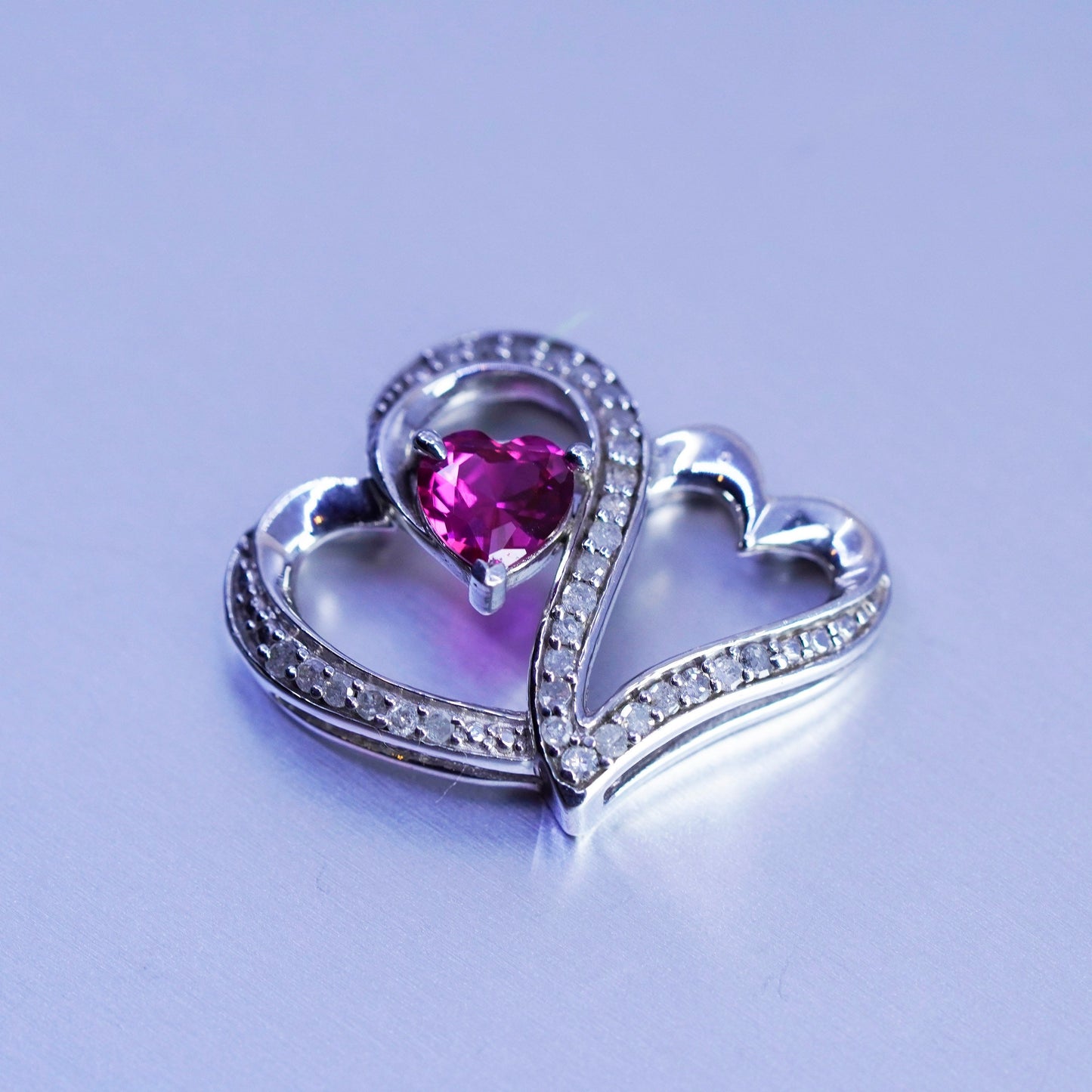Vintage sterling 925 silver double heart pendant with diamond and ruby