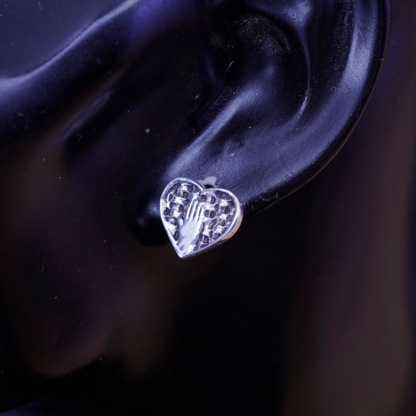 Vintage Sterling silver handmade earrings, 925 heart studs embossed hand