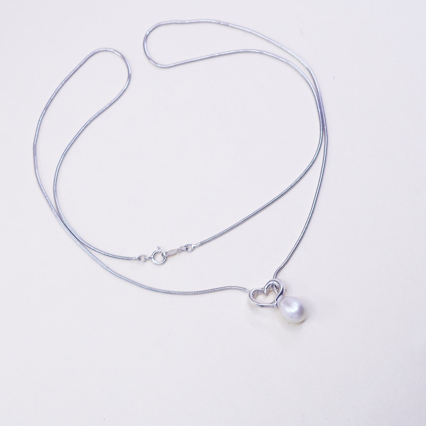 21”, sterling 925 silver necklace, white pearl heart pendant snake silver chain