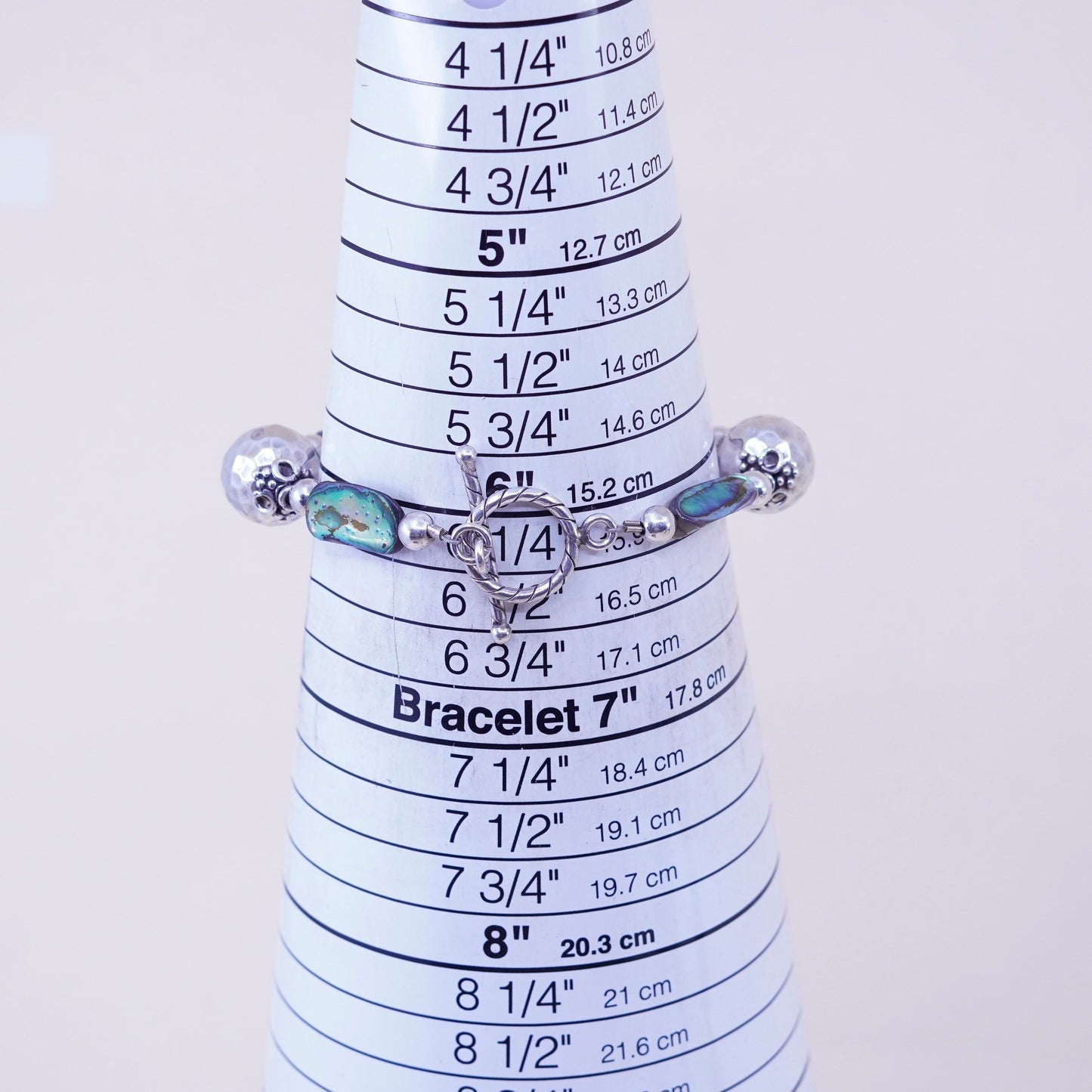 6.25”, vintage Sterling 925 silver bracelet, with hammered abalone beads