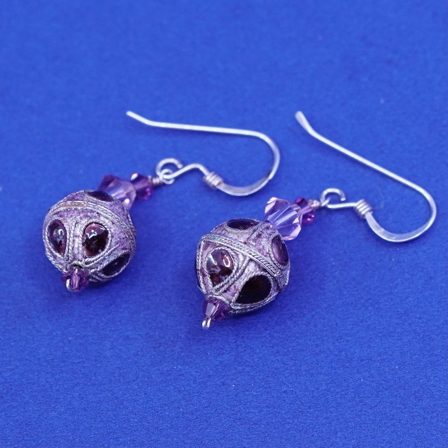 Vintage sterling silver handmade earrings, 925 filigree Bali enamel drop