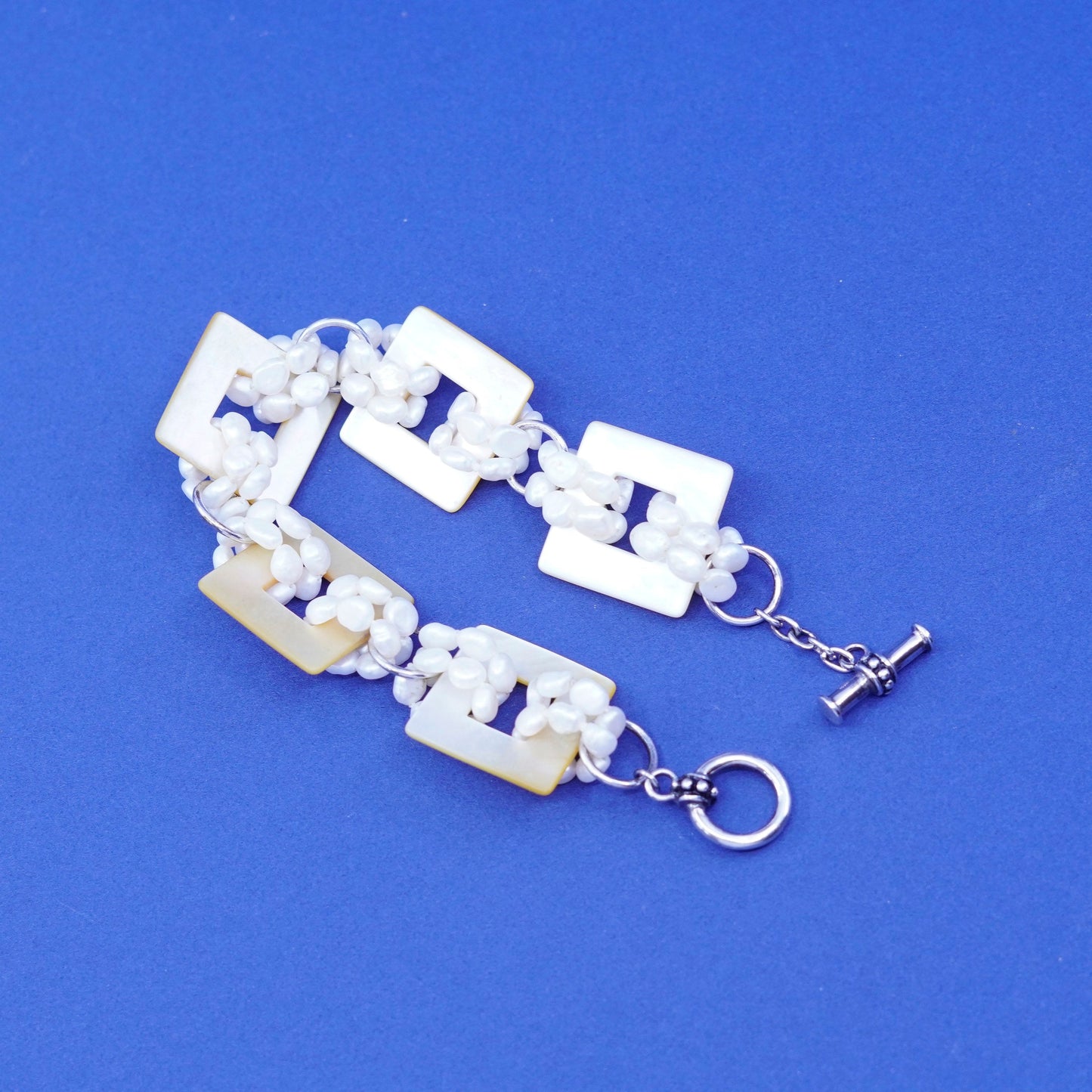 6.75”, sterling silver handmade bracelet, cluster pearl beads mother of pearl