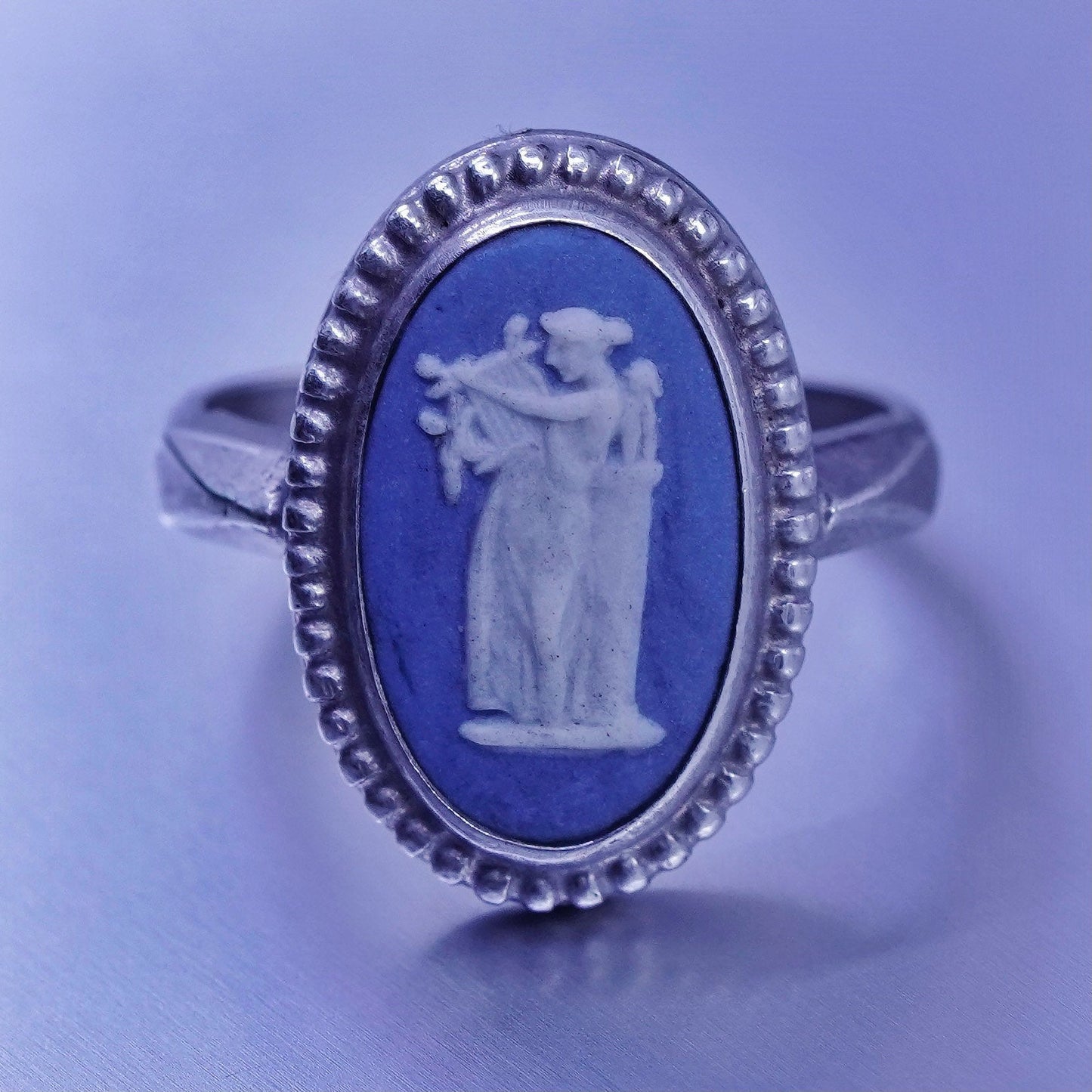 sz 6, Wedgwood England Sterling 925 silver handmade ring blue cameo jasper girl