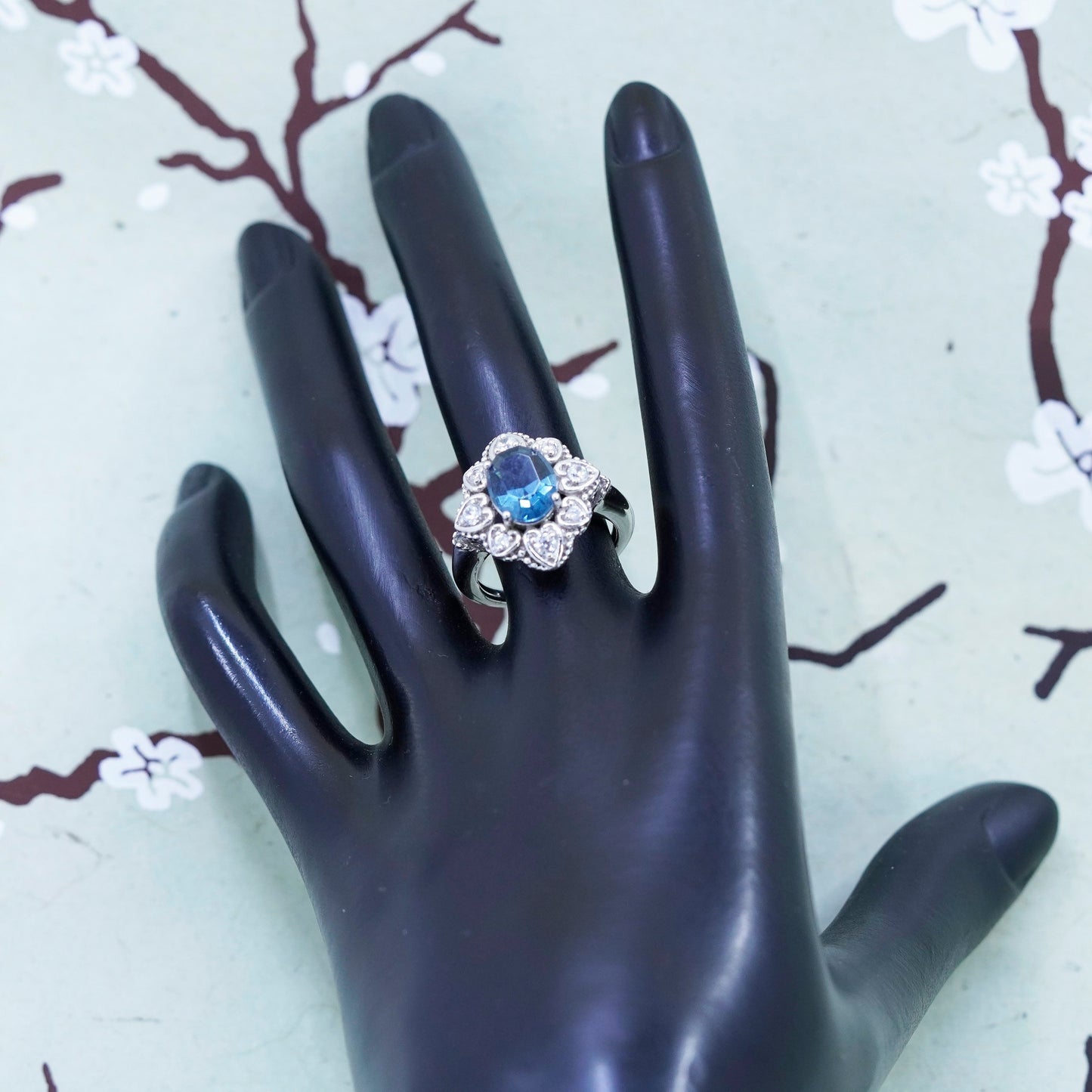 Size 7, vintage sterling 925 silver handmade ring with blue topaz and cz