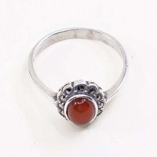 Sz 9.5, Vtg Sterling Silver Handmade Ring, 925 Statement Ring W/ Carnelian