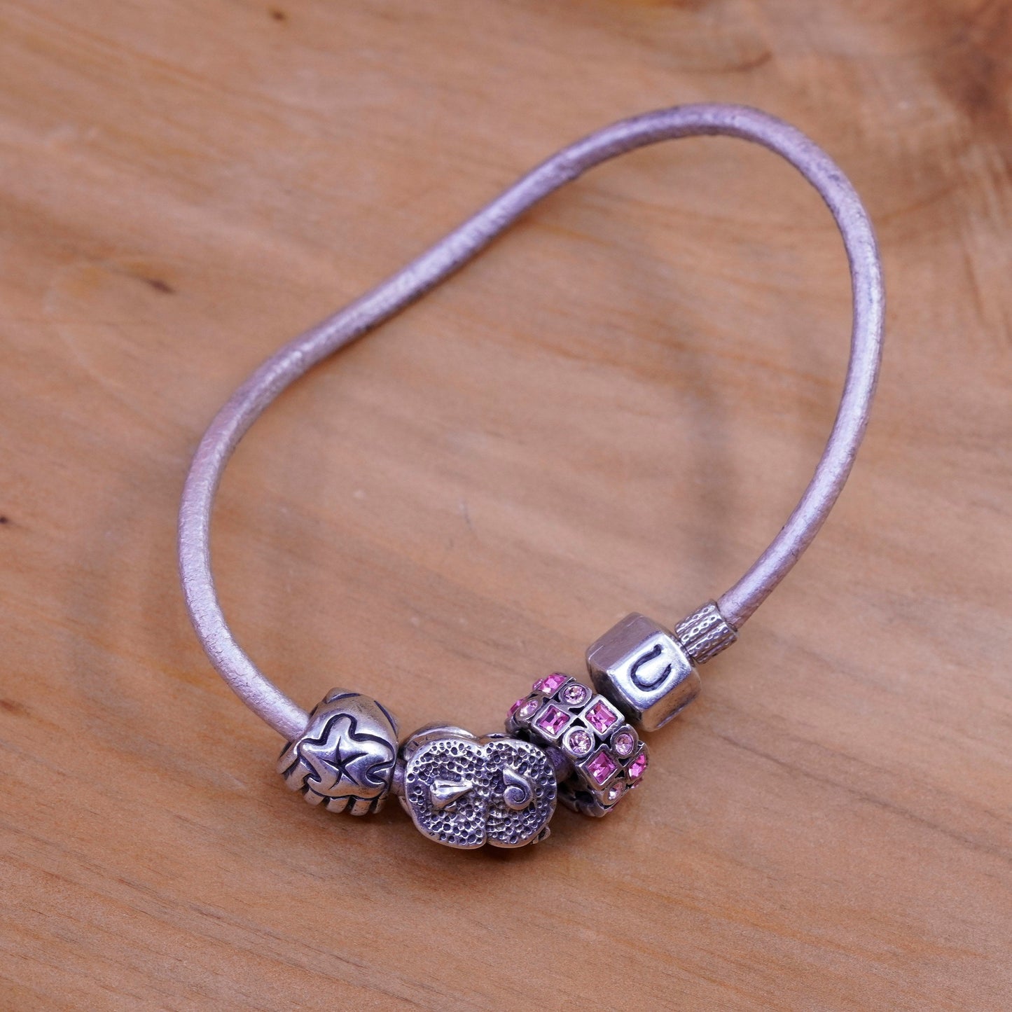 7.25”, vtg CHAMILIA CHAM sterling silver handmade bracelet, 925 leather core