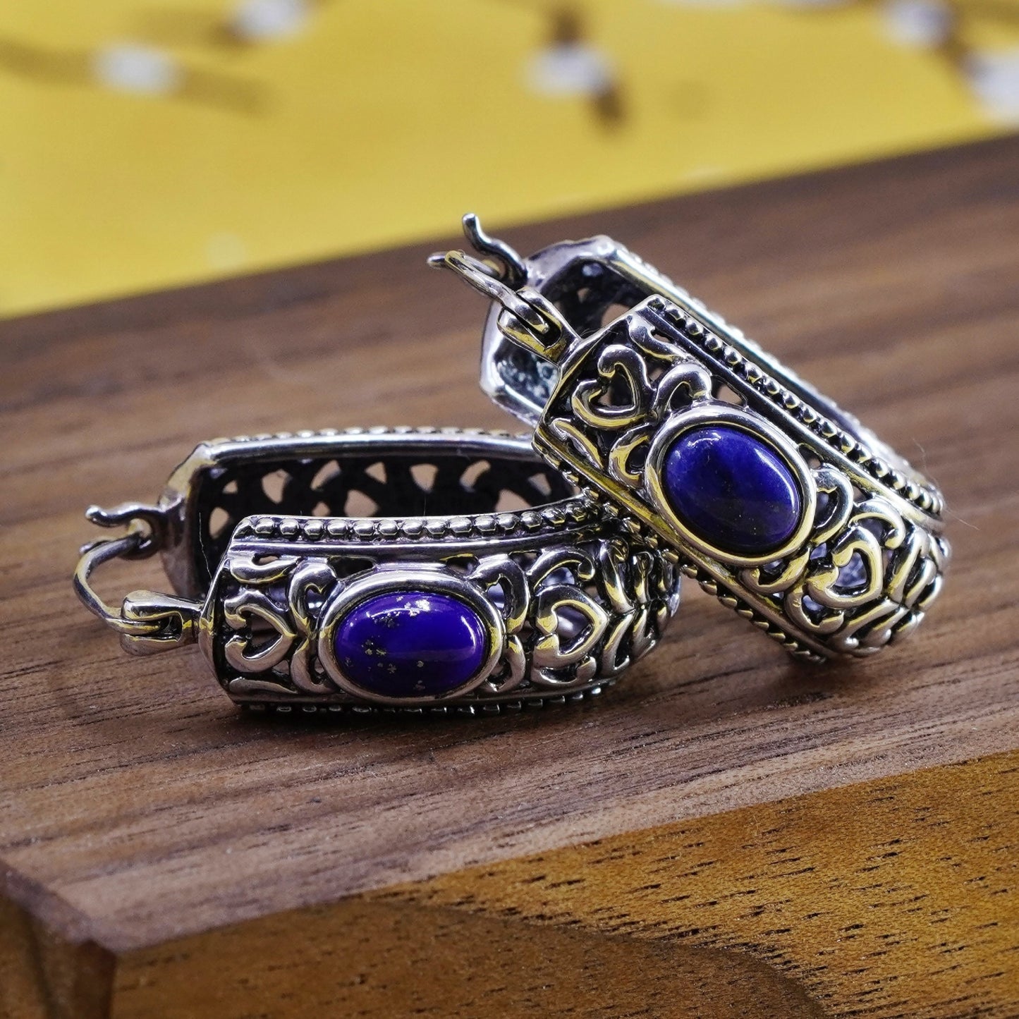 1”, Sterling silver handmade earrings, 925 huggie, filigree hoops lapis lazuli