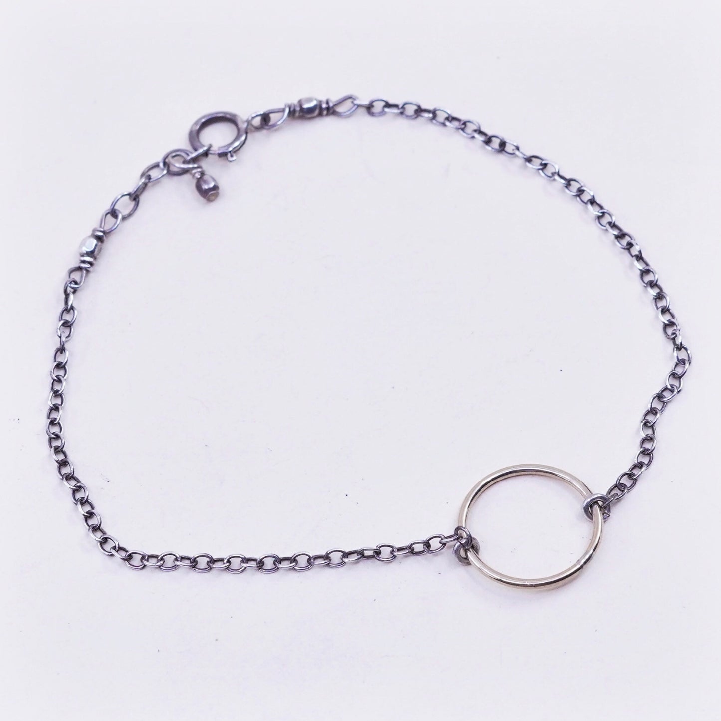 7.25”, Vintage sterling 925 silver circle chain bracelet with gold tone circle