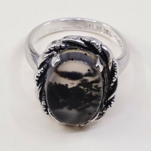 Sz 4, 1930s Clark & Coombs 925 sterling silver handmade ring W/ Dendritic agate