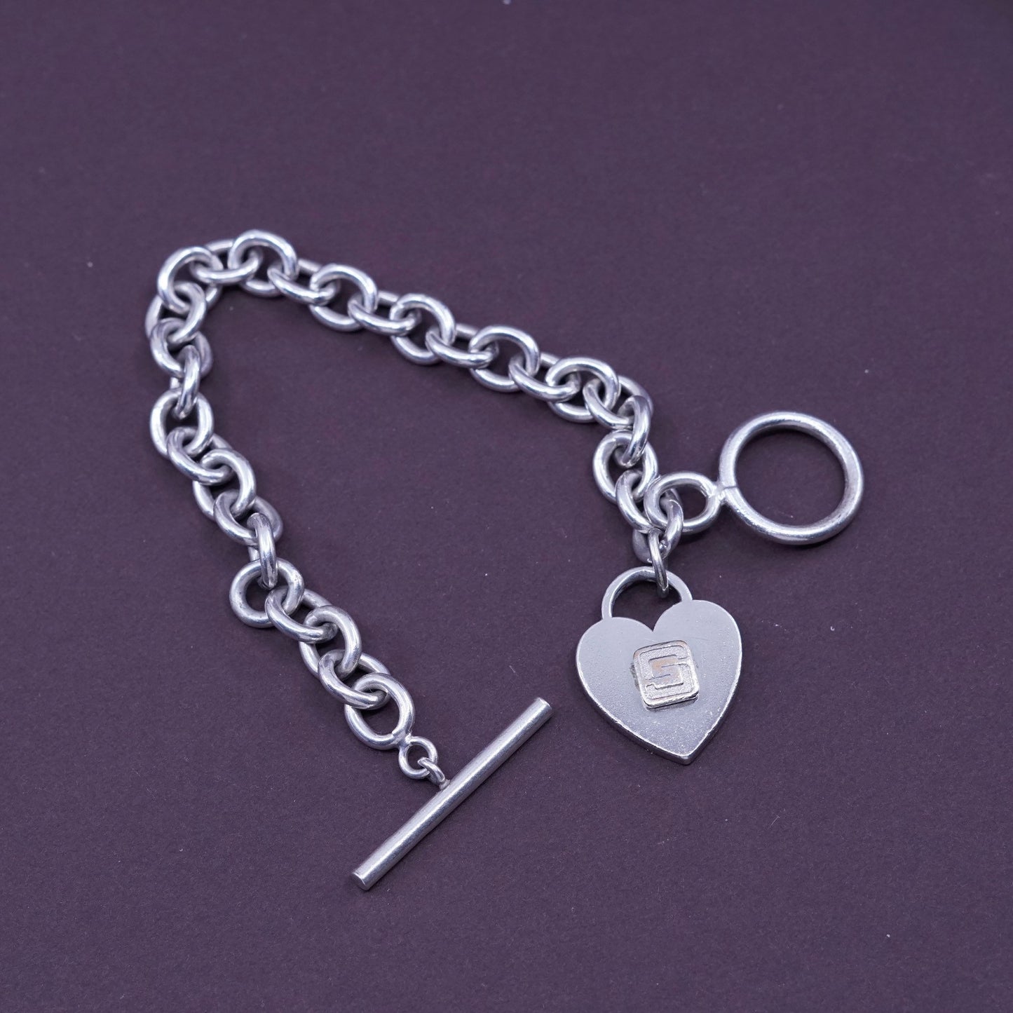 6.75”, terryberry Sterling silver bracelet 925 bold circle chain w/ heart charm