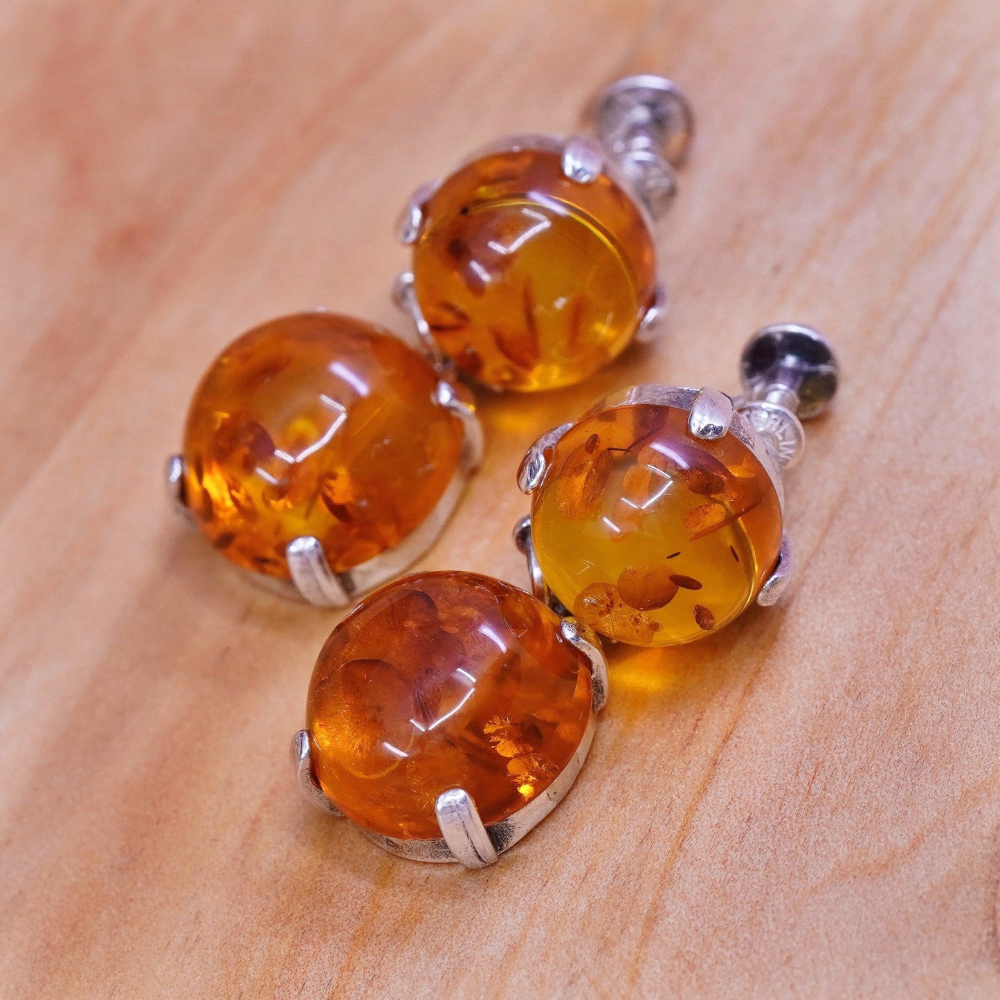 Vintage Sterling 925 silver screw back handmade earrings with amber dangles